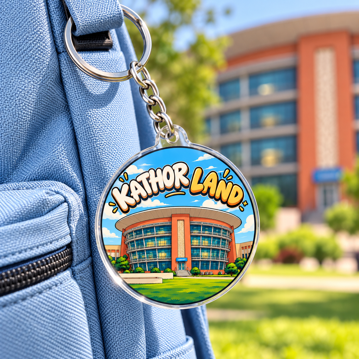 Kathor Land campus acrylic keychain attached to a blue backpack