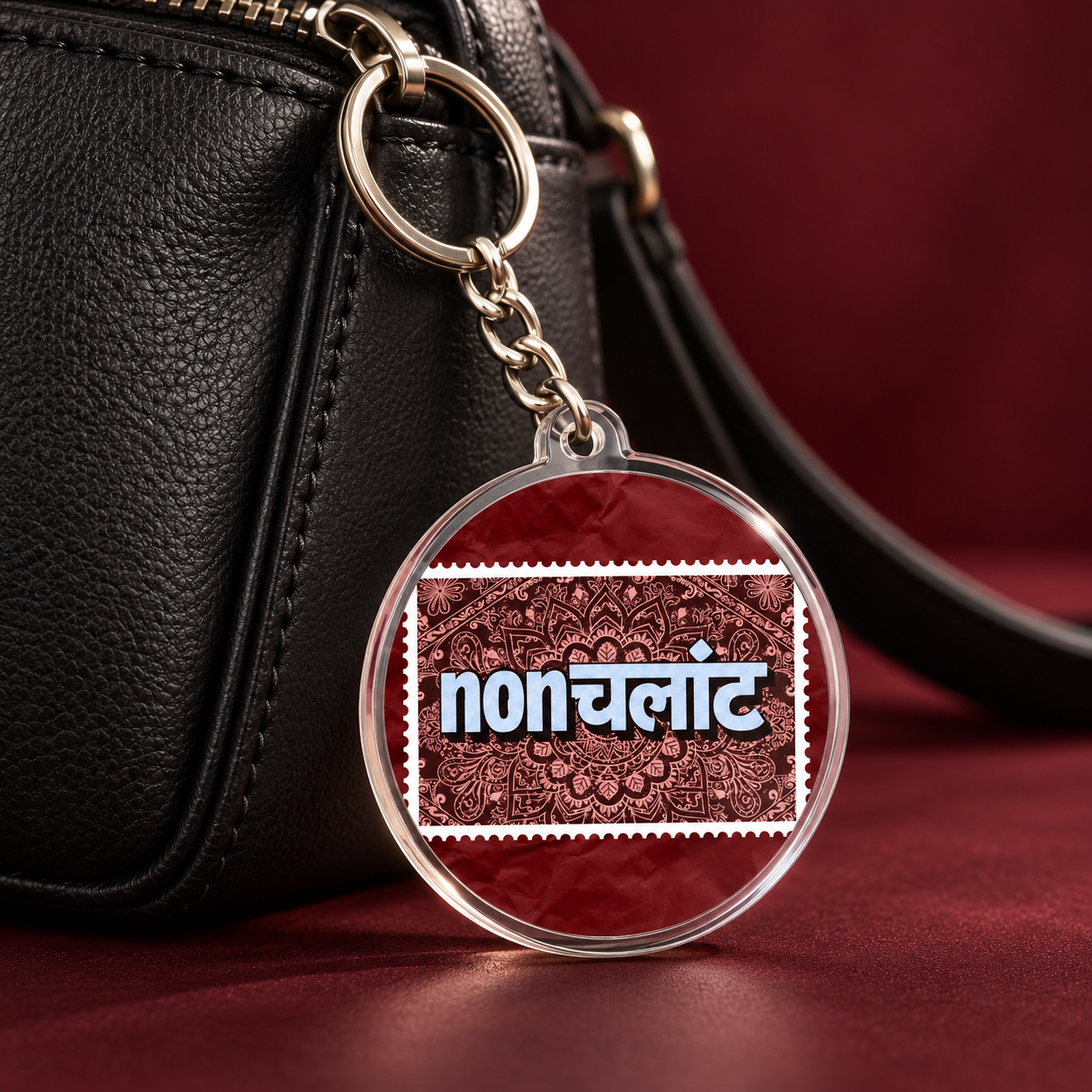 Nonchalant illustrated acrylic keychain attached to a dark bag