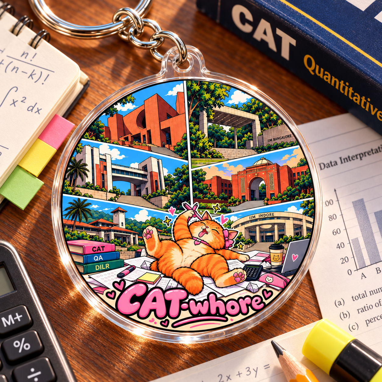 Cat-Whore Campus Nap acrylic keychain attached to a pink backpack